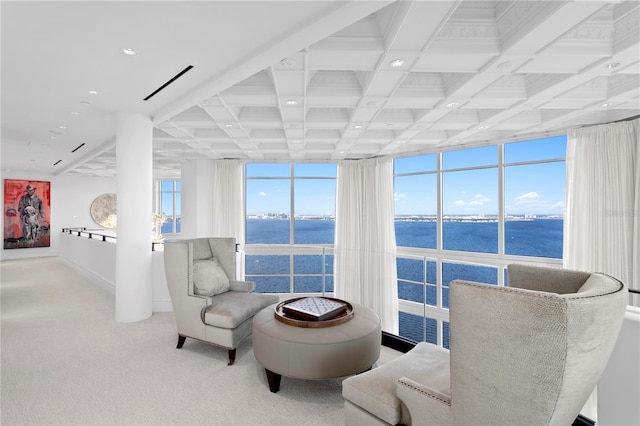 living area featuring a water view, light carpet, expansive windows, and a wealth of natural light