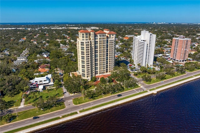 birds eye view of property featuring a water view