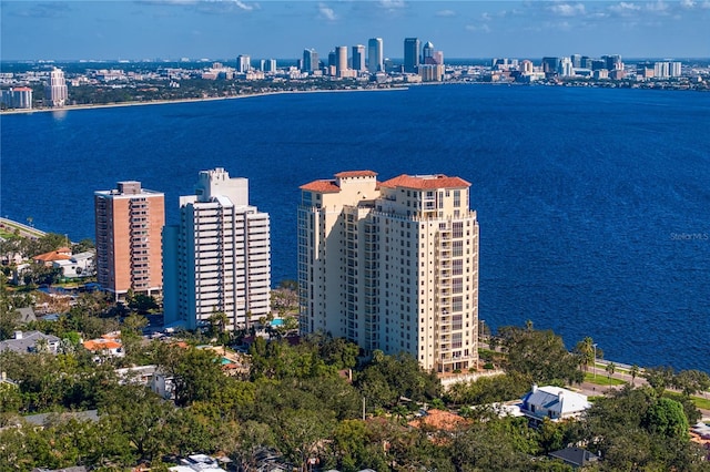 drone / aerial view featuring a water view