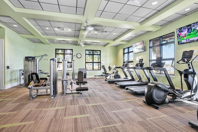 exercise room featuring light colored carpet and coffered ceiling