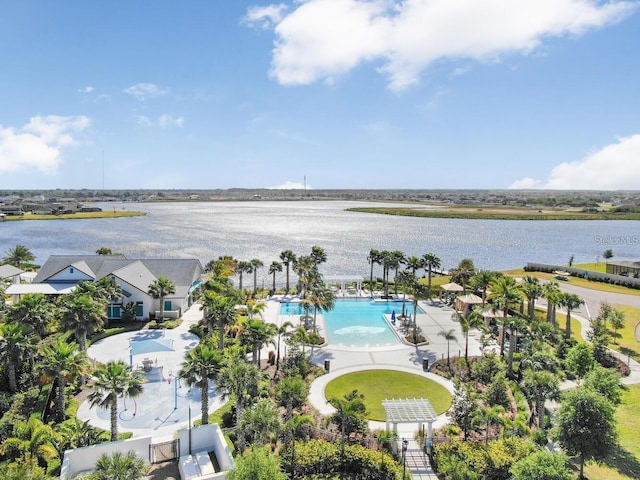 aerial view featuring a water view