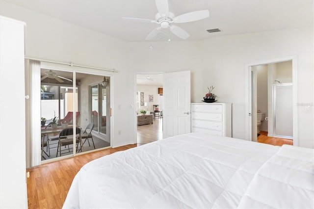 bedroom with ceiling fan and light wood-type flooring