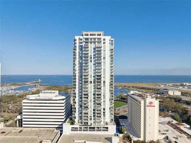 drone / aerial view with a water view