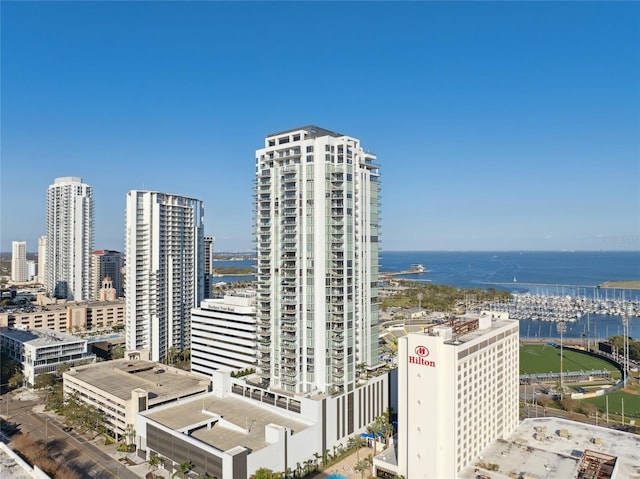 property's view of city featuring a water view