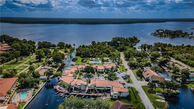 bird's eye view with a water view