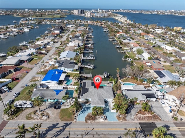 drone / aerial view featuring a water view