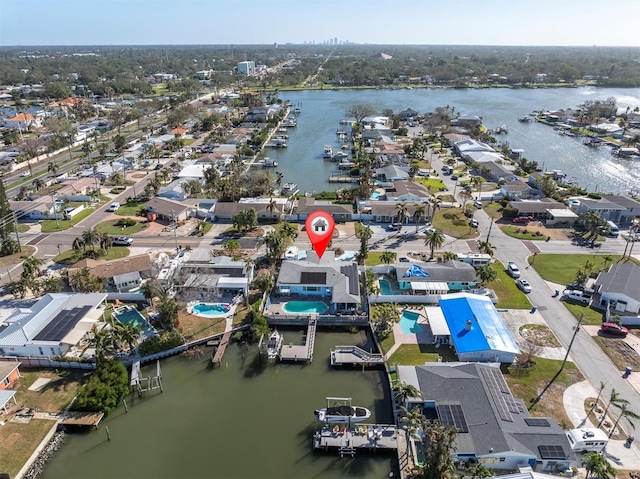 drone / aerial view featuring a water view