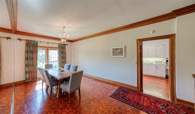 dining area with parquet floors, ornamental molding, and a chandelier