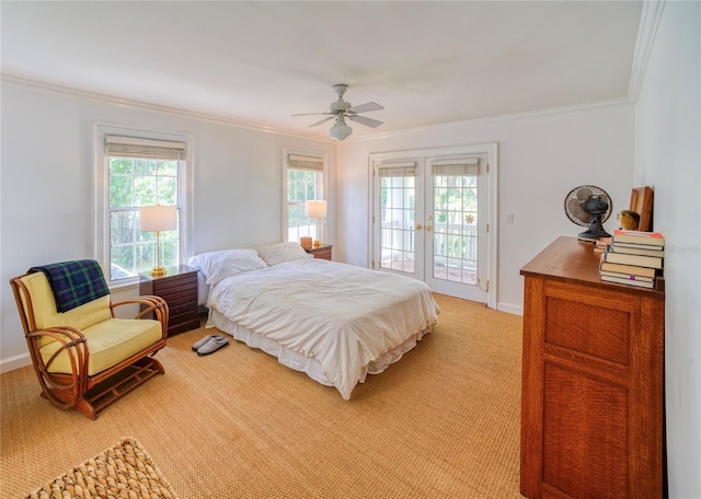 bedroom with french doors, crown molding, access to outside, and ceiling fan