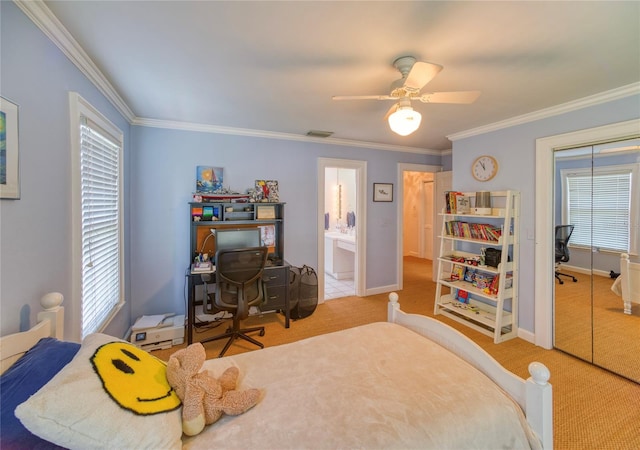 carpeted bedroom with ceiling fan, ornamental molding, and multiple windows