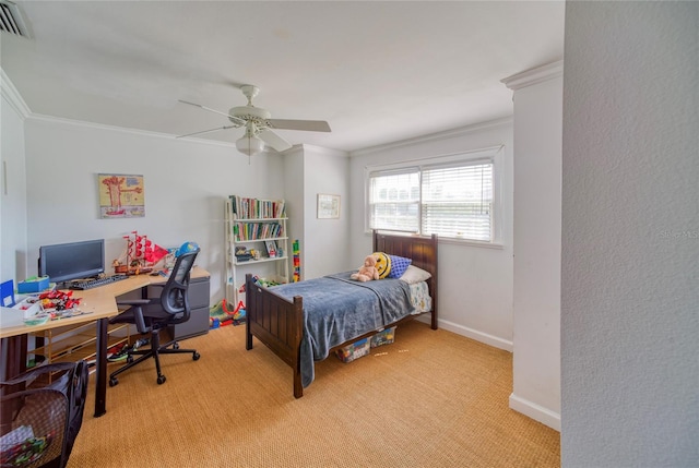 bedroom featuring ceiling fan, crown molding, and light carpet