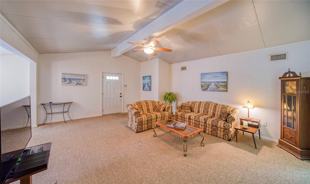 living room featuring ceiling fan, lofted ceiling with beams, and carpet floors