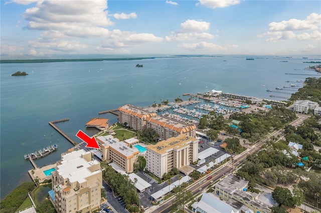 aerial view featuring a water view