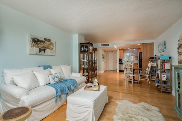 living room with a textured ceiling and light hardwood / wood-style floors