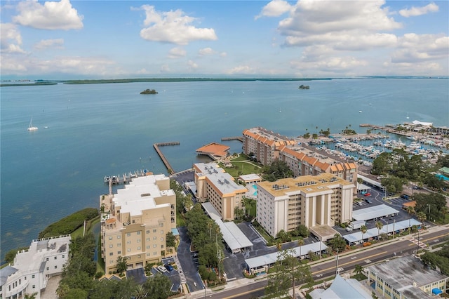 drone / aerial view with a water view