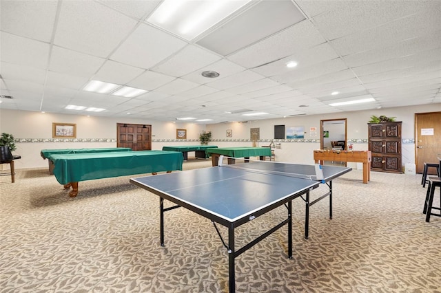 playroom with a drop ceiling, carpet, and billiards