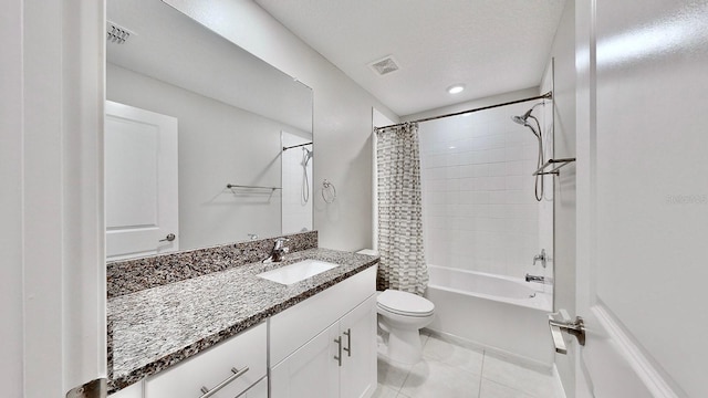 full bathroom with vanity, toilet, shower / bathtub combination with curtain, and tile patterned flooring