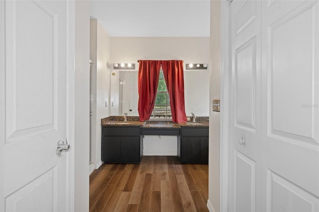 bathroom featuring vanity and hardwood / wood-style flooring