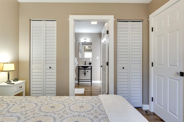 bedroom featuring dark wood-type flooring and two closets