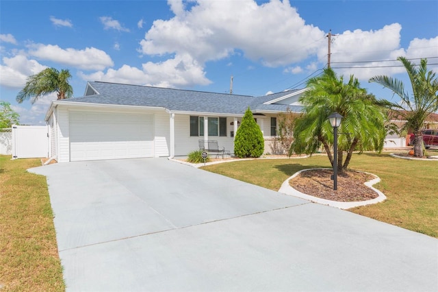 ranch-style home featuring a front yard and a garage