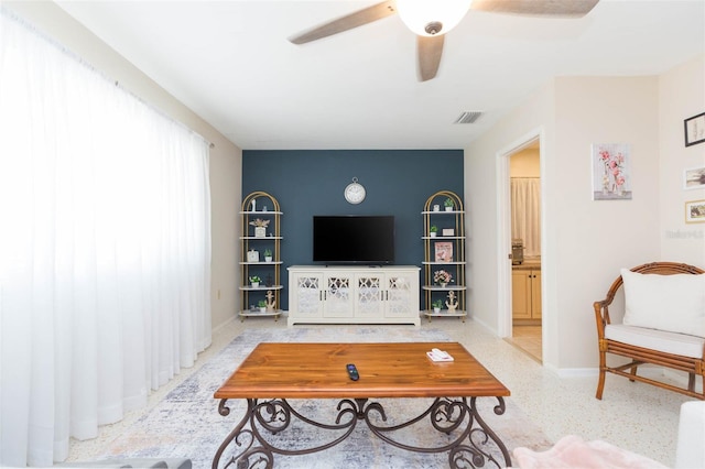 living room with ceiling fan