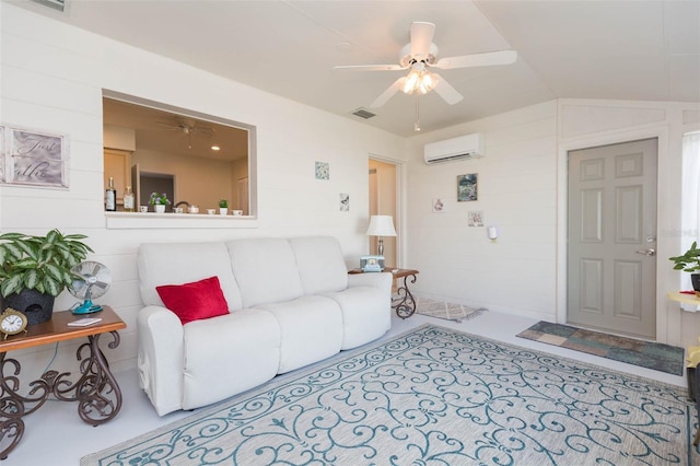 living room with a wall unit AC, ceiling fan, and vaulted ceiling