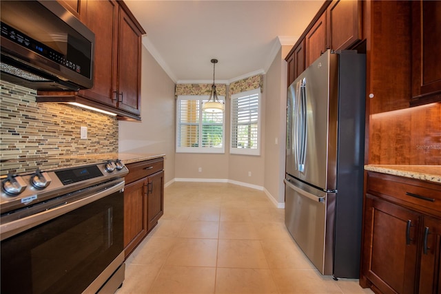 kitchen with appliances with stainless steel finishes, light stone counters, pendant lighting, crown molding, and decorative backsplash