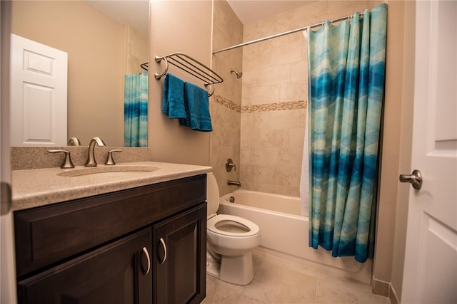 full bathroom with vanity, shower / tub combo with curtain, tile patterned floors, and toilet