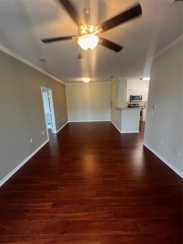 unfurnished living room with ornamental molding, ceiling fan, a textured ceiling, and dark hardwood / wood-style floors