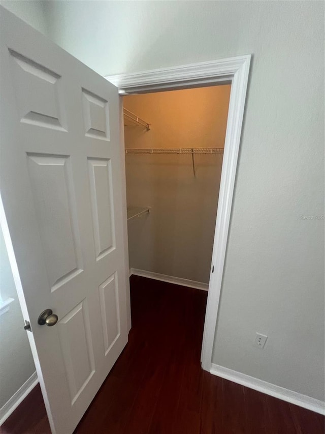 walk in closet with dark wood-type flooring