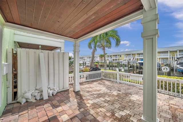 view of patio / terrace featuring a water view