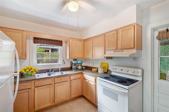 kitchen with light brown cabinets, white appliances, and sink