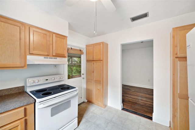 kitchen with ceiling fan, light brown cabinets, and white electric range oven