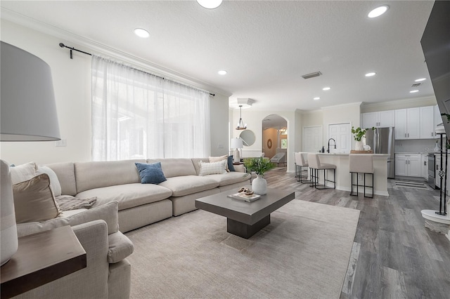 living room featuring ornamental molding, hardwood / wood-style floors, a textured ceiling, and sink