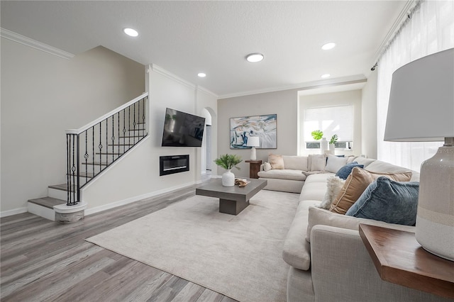 living room with crown molding and wood-type flooring