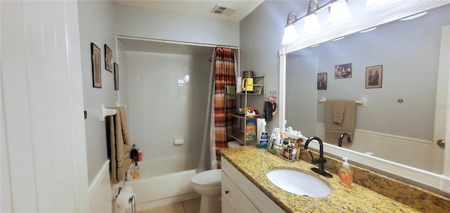 full bathroom with vanity, tile patterned flooring, toilet, and shower / bathtub combination with curtain