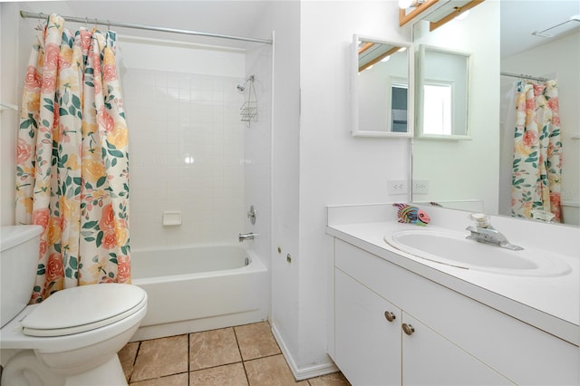 full bathroom with toilet, vanity, shower / bathtub combination with curtain, and tile patterned flooring