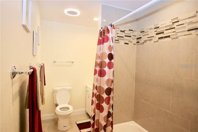 full bathroom with shower / bath combination with curtain, toilet, tile patterned flooring, and vanity