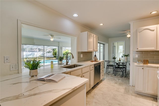 kitchen with backsplash, a healthy amount of sunlight, sink, and stainless steel dishwasher