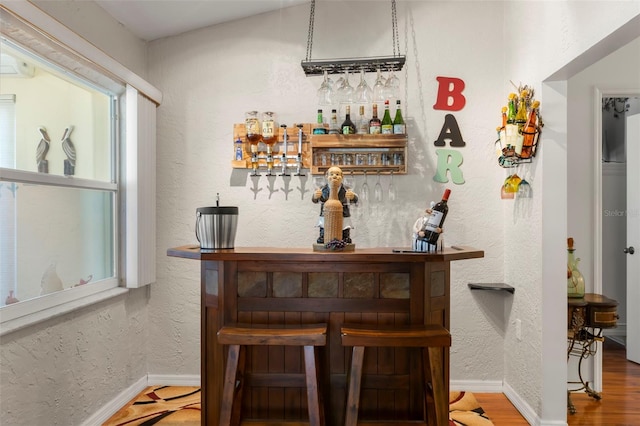 bar with hardwood / wood-style floors