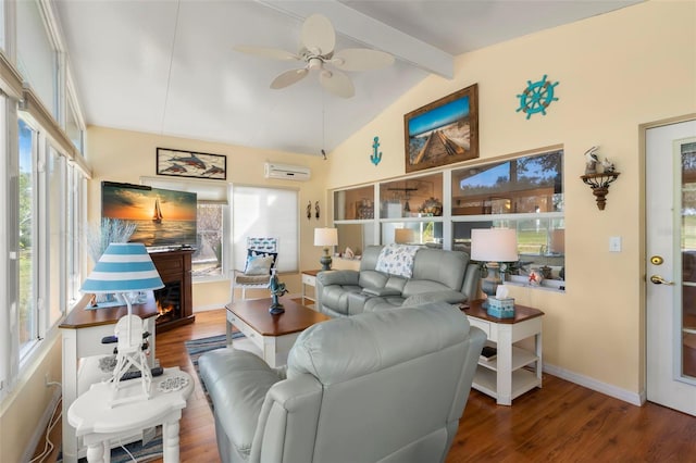 living room with dark wood-type flooring, ceiling fan, lofted ceiling with beams, and a wall unit AC