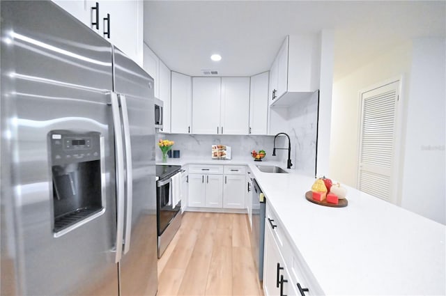 kitchen featuring sink, light wood-type flooring, white cabinetry, stainless steel appliances, and decorative backsplash