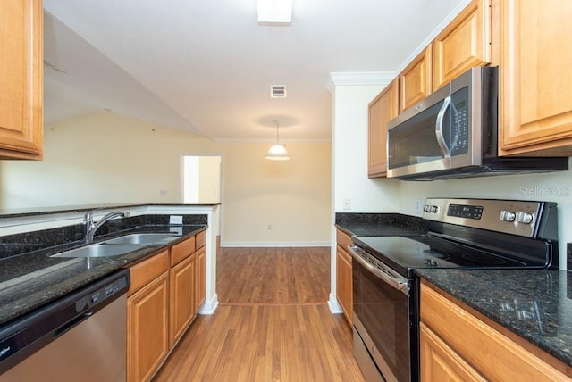 kitchen with light hardwood / wood-style flooring, hanging light fixtures, stainless steel appliances, dark stone countertops, and sink