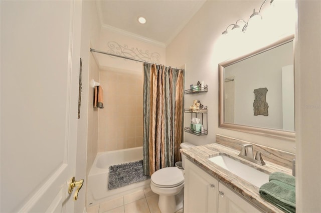 full bathroom featuring vanity, tile patterned floors, shower / bath combination with curtain, toilet, and ornamental molding