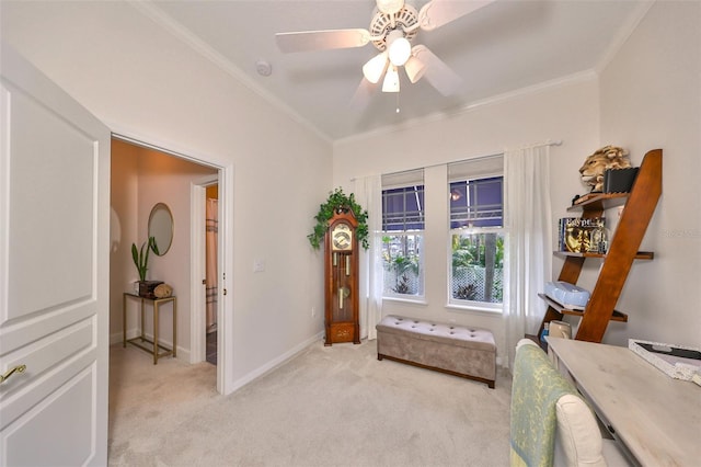 carpeted bedroom featuring ceiling fan and ornamental molding