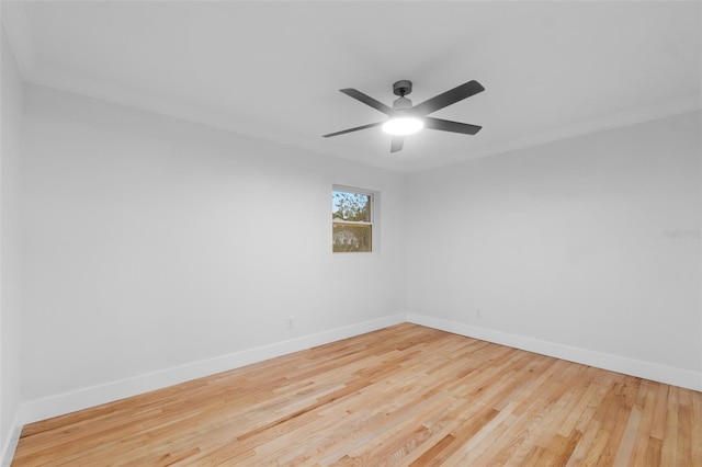 empty room with light hardwood / wood-style flooring, ceiling fan, and ornamental molding