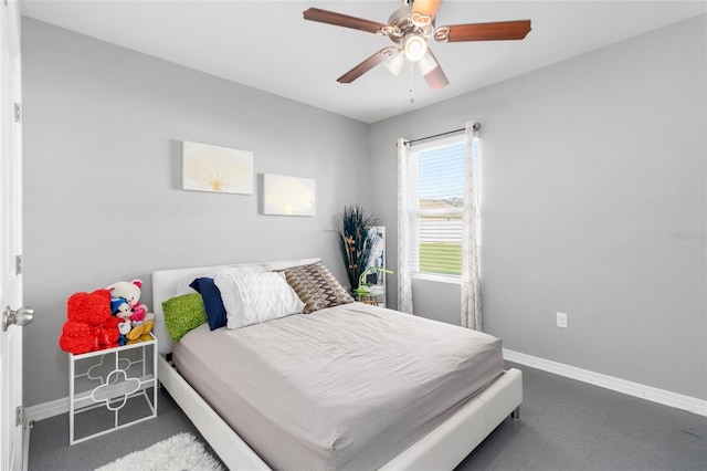 bedroom featuring carpet floors and ceiling fan