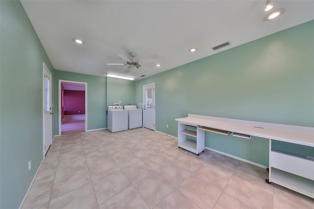 interior space featuring ceiling fan and washing machine and dryer