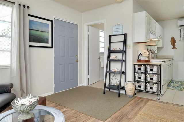 foyer entrance featuring a wall unit AC, light hardwood / wood-style flooring, and sink