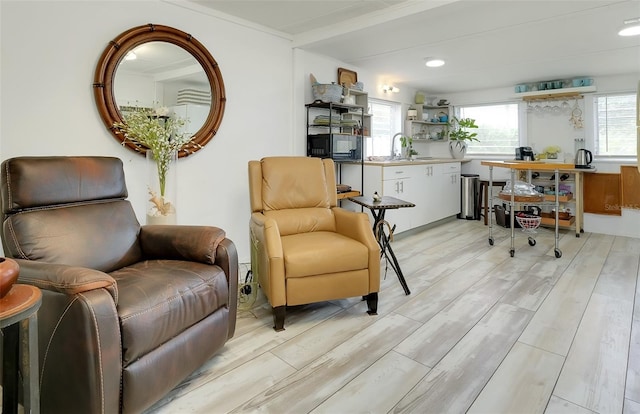 sitting room with ornamental molding, sink, and light wood-type flooring